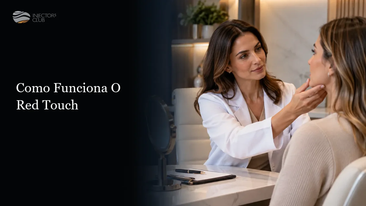 Médica avaliando o rosto de uma paciente em consultório — como funciona o Red Touch