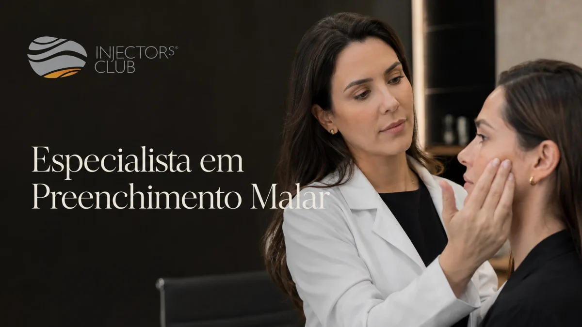 Médica avaliando a região malar do rosto de uma paciente — especialista em preenchimento malar