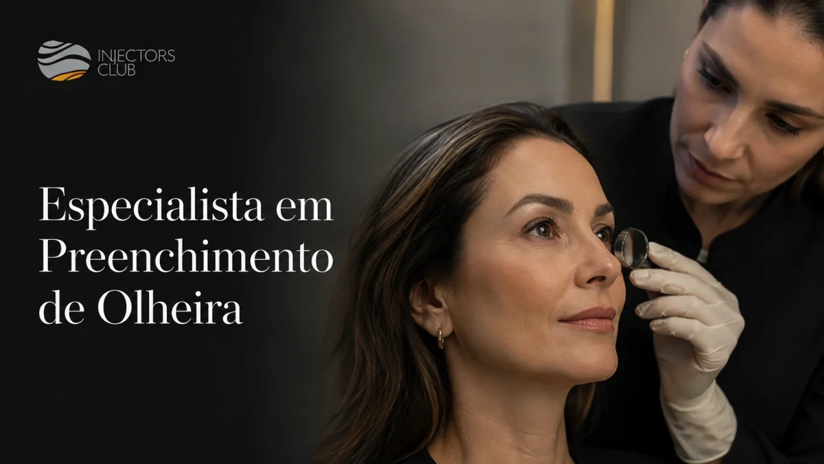 Especialista em preenchimento de olheira em São Paulo Médica examinando com lupa a região da olheira de uma paciente — especialista em preenchimento de olheira