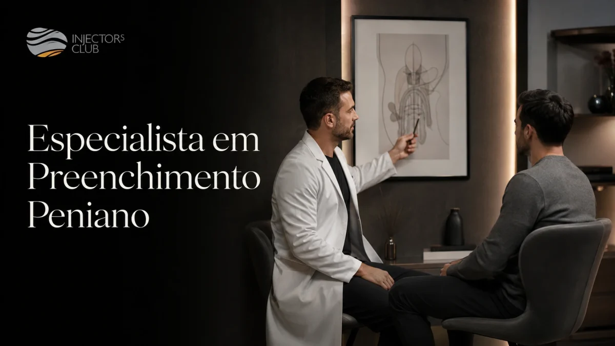 Consulta masculina com explicação anatômica em quadro na parede — especialista em preenchimento peniano