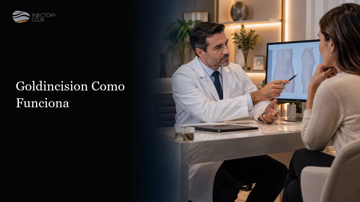 Médico explicando a técnica na tela do consultório para a paciente — Goldincision como funciona