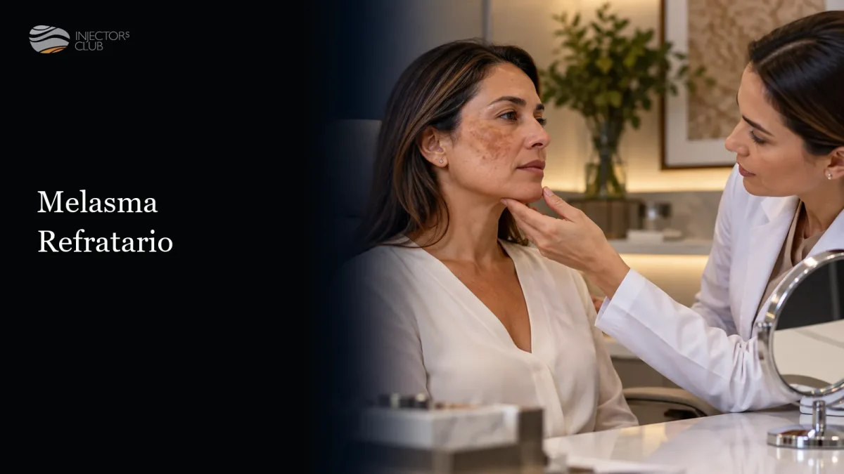 Médica avaliando manchas persistentes no rosto de uma paciente — melasma refratário