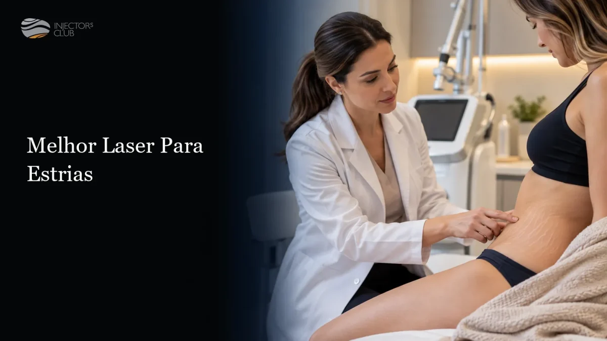 Melhor laser para estrias Médica avaliando as estrias no abdômen de uma paciente ao lado do equipamento — melhor laser para estrias
