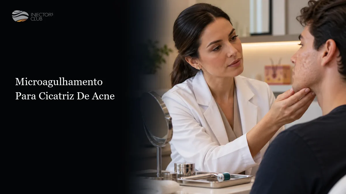 Avaliação das cicatrizes no rosto de um paciente em consultório — microagulhamento para cicatriz de acne