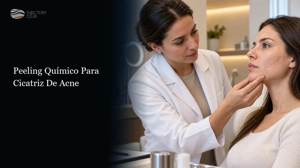 Médica examinando o rosto de uma paciente com cicatrizes — peeling químico para cicatriz de acne