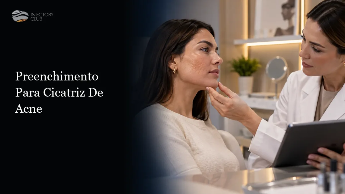 Preenchimento para cicatriz de acne Médica avaliando as cicatrizes no rosto da paciente durante a consulta — preenchimento para cicatriz de acne
