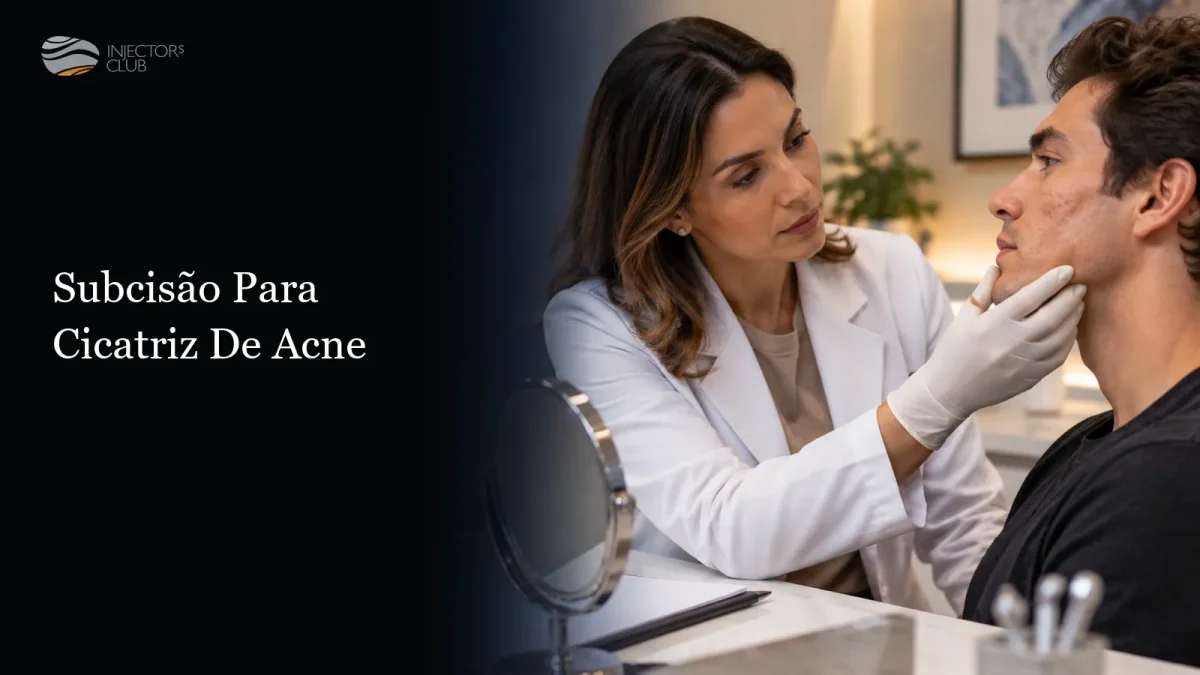 Médica com luva avaliando as cicatrizes no rosto de um paciente — subcisão para cicatriz de acne