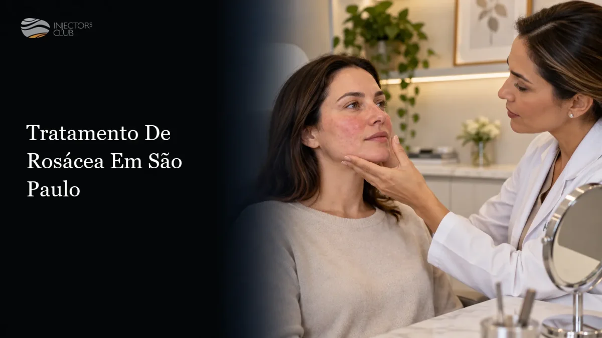 Médica avaliando a vermelhidão no rosto de uma paciente — tratamento de rosácea em São Paulo